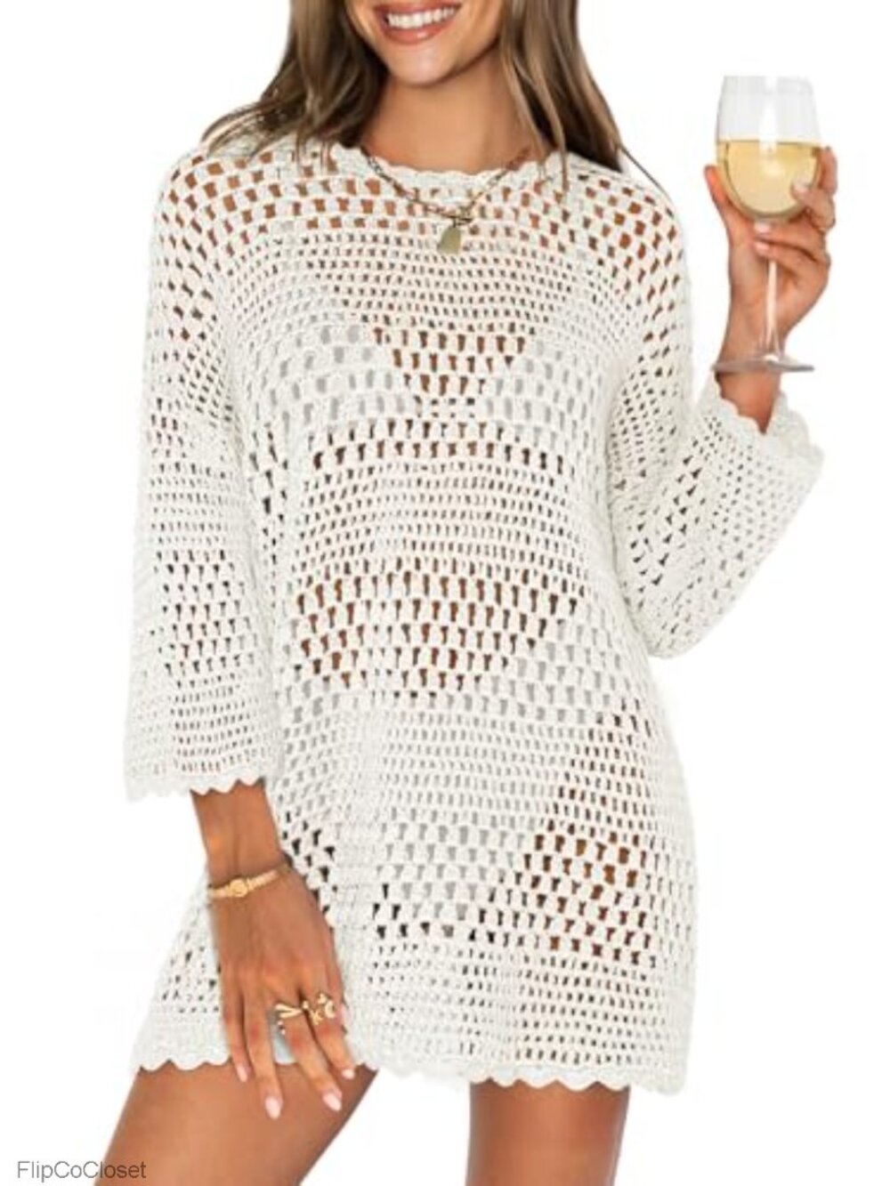 ANRABESS Crochet Knit Swim Cover-Up Mini Dress 3/4 Sleeve Mesh Beach Pullover
